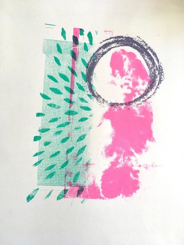 screenprint of rays alongside footprint and purple circle.