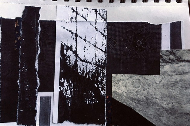 b & w collage of shadows, textures and black rectangles