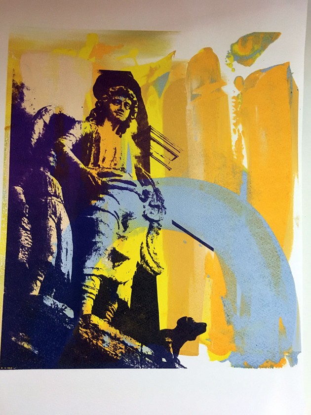 Mono screen print ochre and yellow vertical blocks of colour with Paynes grey semicircle and dark purple image of Angel Raphael, Tobit and his dog.