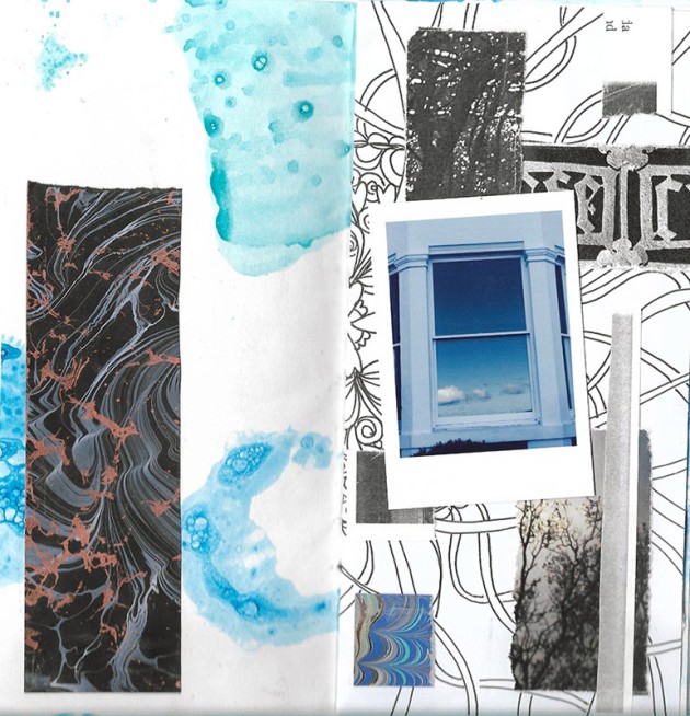 collage of patterns and blue window