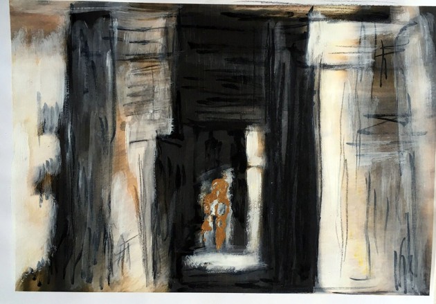 painting of shiva temple with gold figure in the centre.