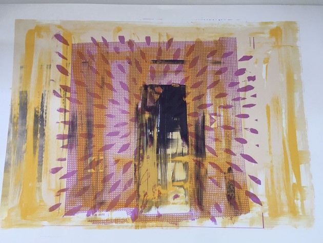 Mono screen print of Shiva temple with rays of purple emanating from temple opening.