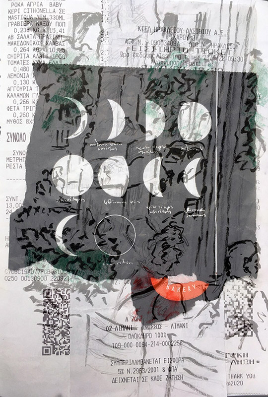 collage of moon phases with drawing of Crete superimposed on top.