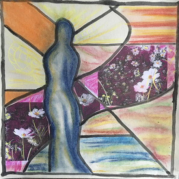 design for stained glass panel with figure and flowers