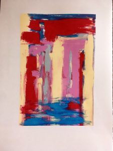 abstract mono-screenprint of Shiva temple with water